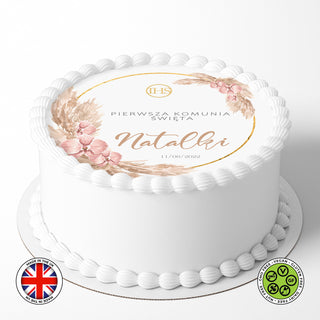 Personalised Pierwsza Komunia Święta Wreath 7.5in round edible cake topper decoration (Polish version)