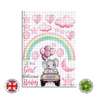 Baby Shower It's a Girl Elephant in a car Pink Watercolour edible cake decorations