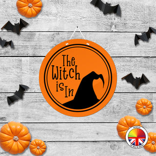 The Witch Is In - Round Acrylic Halloween Door Sign