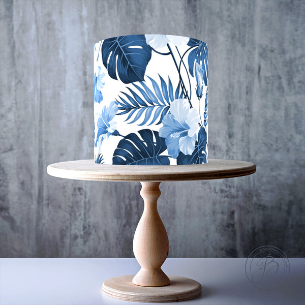 Blue Tropical Monstera and Palm Leaves edible cake topper decoration