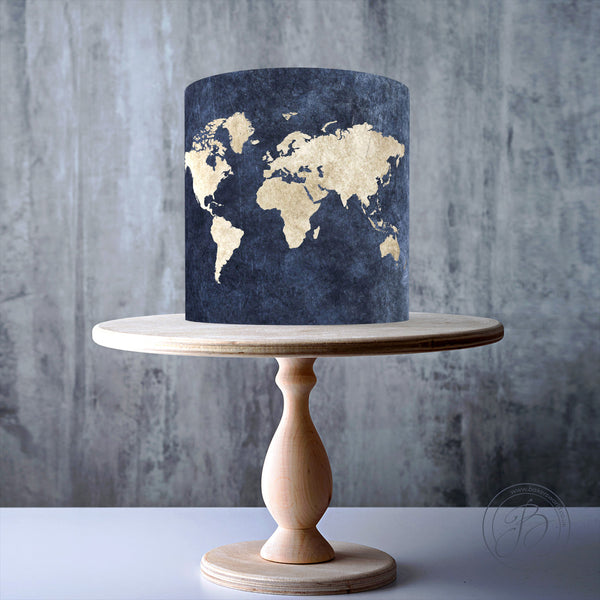 Navy Blue & Gold World Map edible cake topper decoration