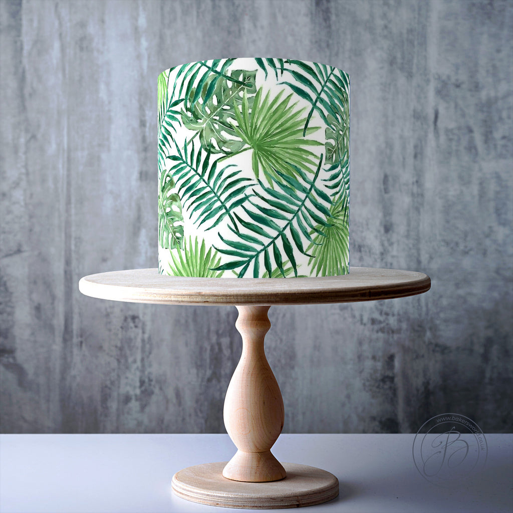 monstera plant cake design Green Tropical Monstera and Palm Leaves edible cake topper decoration
