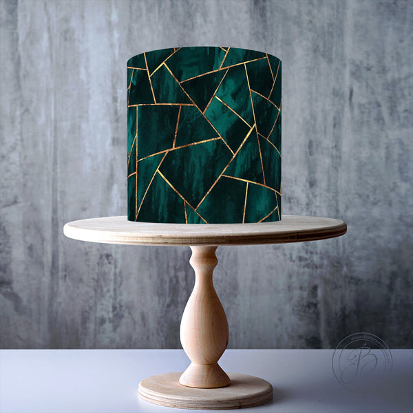 Dark Green and Gold Shattered Glass Pattern edible cake topper decoration