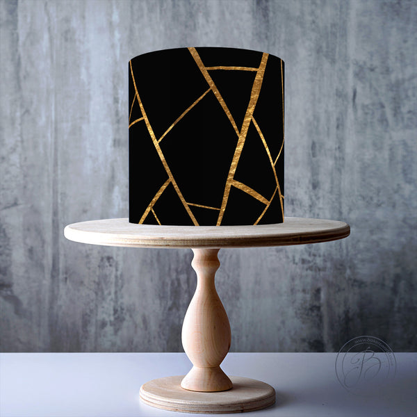 Pure Black and Gold Shattered Glass Pattern edible cake topper decoration