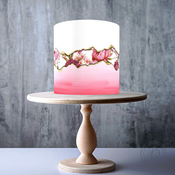 White Red Ombre and Pink Peony Fault line edible cake topper decoration