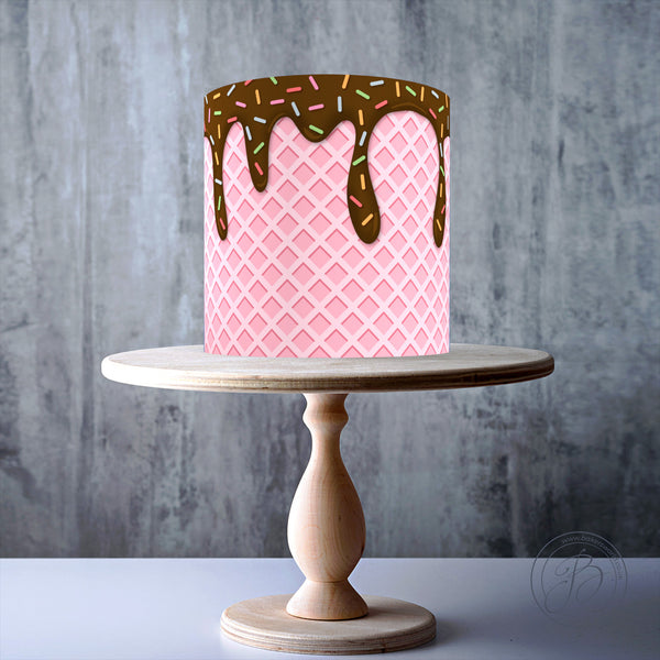 Chocolate Drip Pink Waffle effect edible cake topper decoration