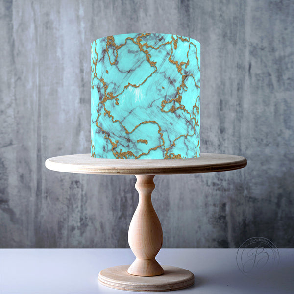 Arctic Blue with Gold Marble Pattern edible cake topper decoration