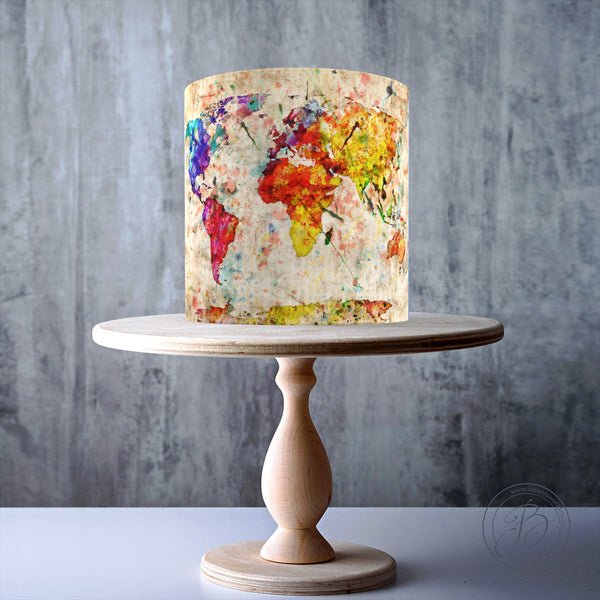 Watercolour Vintage World Map edible cake topper decoration