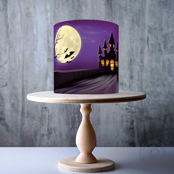Purple Halloween Castle full moon background edible cake topper decoration
