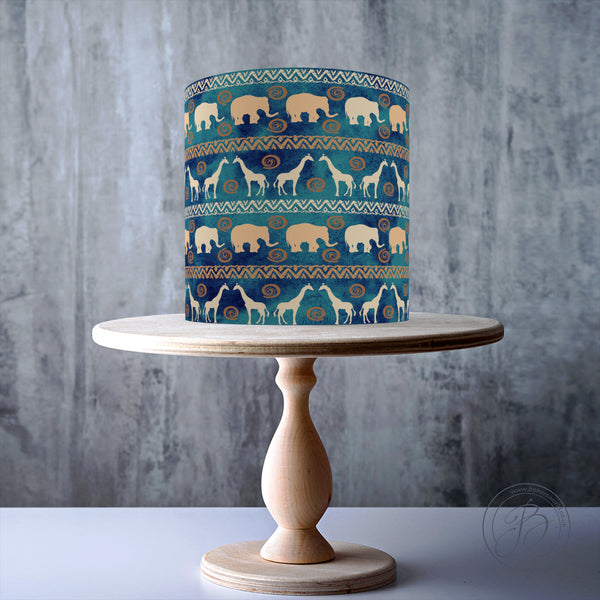 African Ethnic Seamless Pattern with Giraffes and Elephants edible cake topper decoration