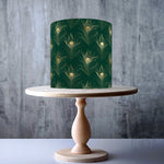 Emerald and Gold Peacock feather Seamless Pattern edible cake topper decoration