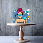 Personalised Pink Hair Woman Sunglasses Pinup Pop Art edible cake topper decoration