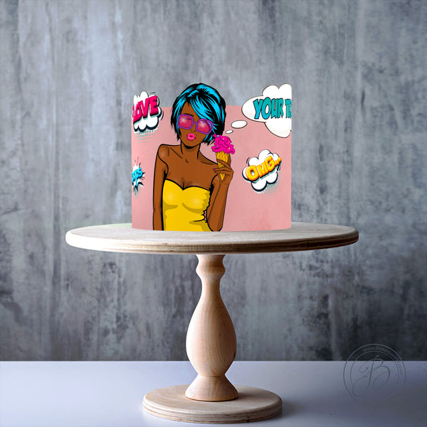 Personalised Blue Hair Cool Woman Pop Art Pinup edible cake topper decoration