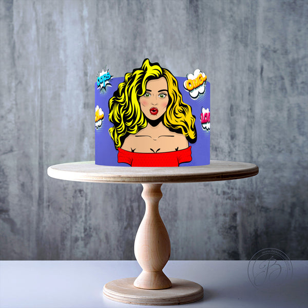 Personalised Blonde Surprised Girl Woman Pop Art Pinup edible cake topper decoration