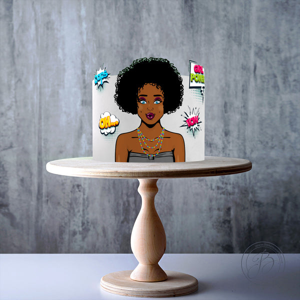 Personalised Black African-american Girl Pop Art Pinup edible cake topper decoration