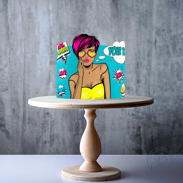 Personalised Cool Woman Wow Face Girl Pop Art Pinup edible cake topper decoration