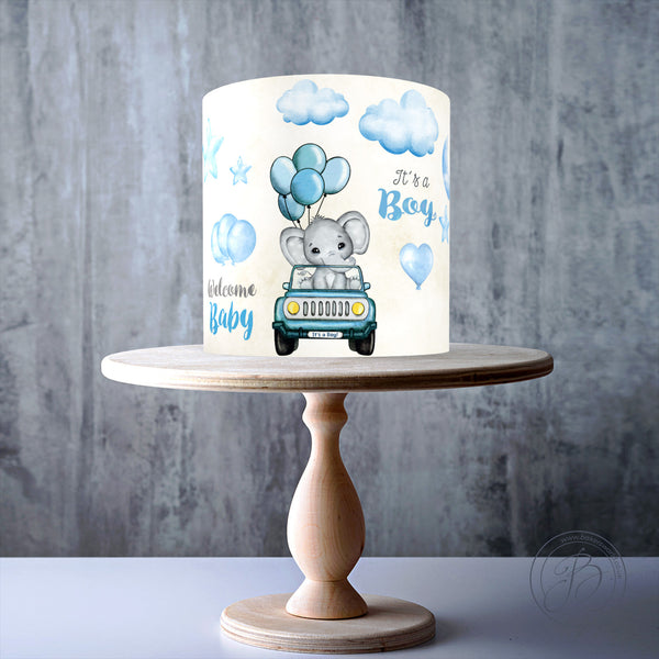 Baby Shower It's a Boy Elephant in a car Blue Watercolour edible cake decorations
