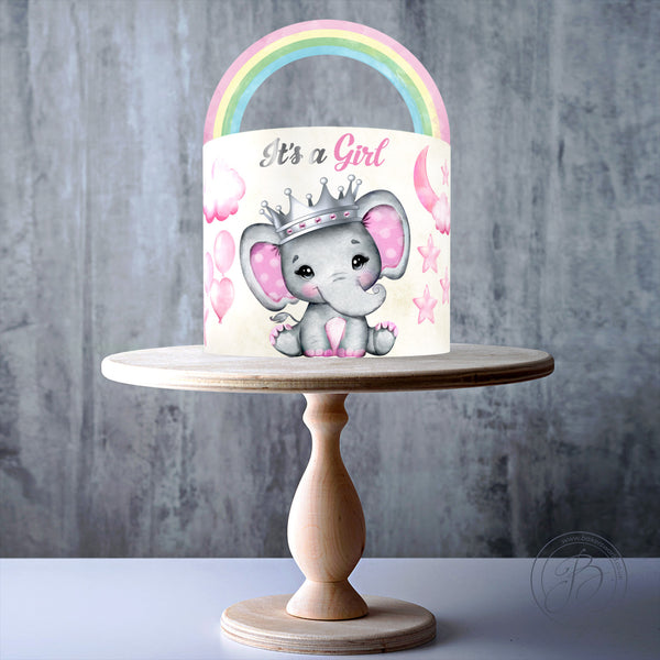 Baby Shower It's a Girl Princess Elephant Pink Watercolour edible cake decorations
