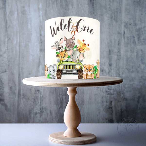 Wild One Baby Shower Safari Cute Animals Green Car Watercolour Jungle edible cake decorations