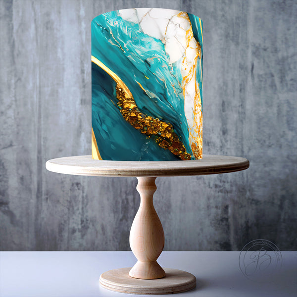 Panoramic teal white gold effect marble edible cake topper decoration