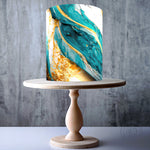 Panoramic teal white gold effect marble edible cake topper decoration