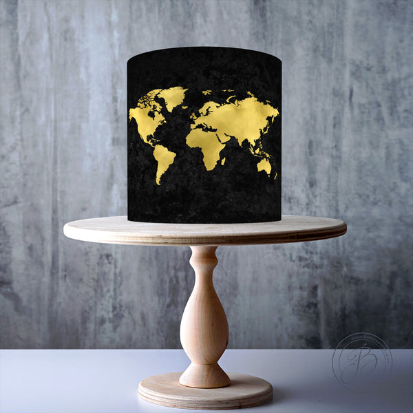 World Map in shades of Black & Gold edible cake topper decoration