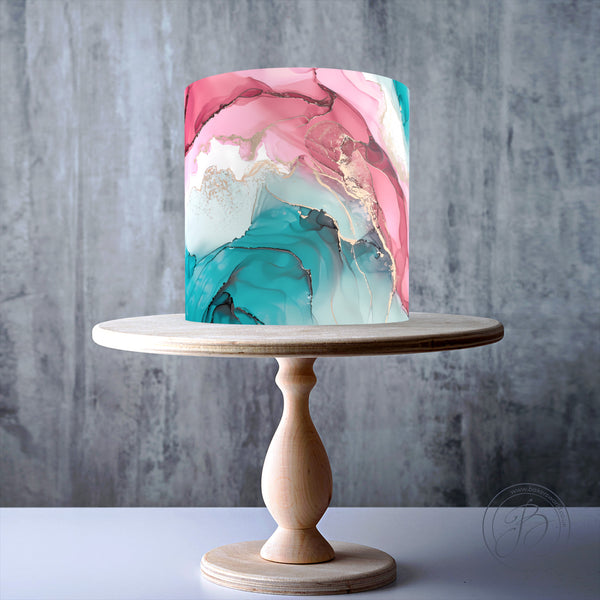 Pale pink & teal Marble Pattern edible cake topper decoration