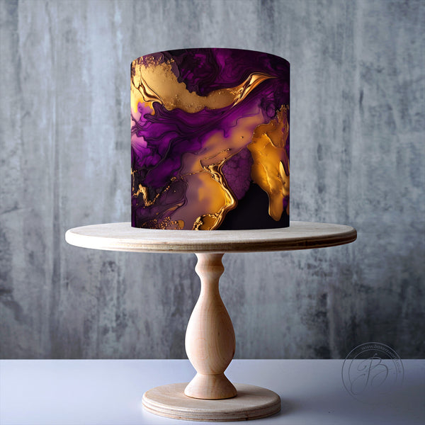 Royal Purple and Gold Fantasy Alcohol ink Marble Pattern edible cake topper decoration