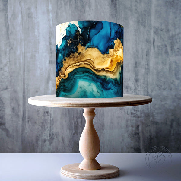 Navy Blue Sapphire and Gold Fantasy Alcohol ink Marble Pattern edible cake topper decoration