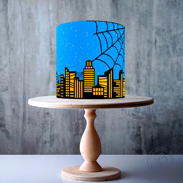 Superhero Night sky City Skyline Spiderweb wrap around edible cake topper decoration