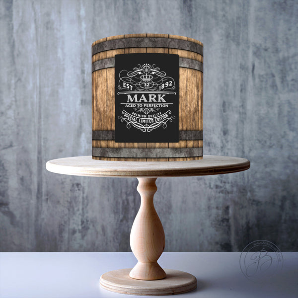 Personalised Dark Wood Whiskey Wine Wood Barrel Seamless Pattern edible cake topper decoration