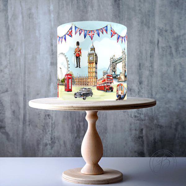 London Cityscape, England Travel Landmarks Watercolour wrap around edible cake topper decoration