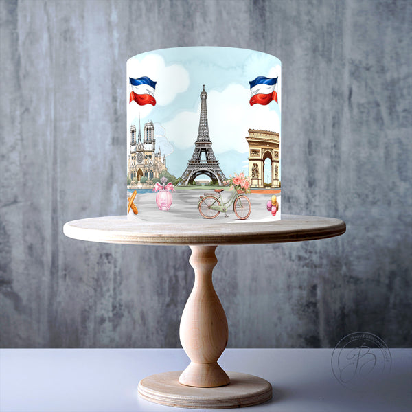 Paris Cityscape, France Travel Landmarks Watercolour wrap around edible cake topper decoration