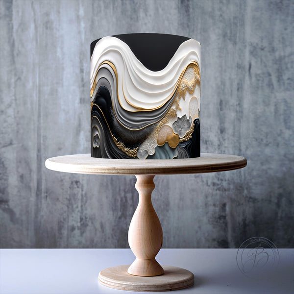 Abstract black, white, and gold wave marble pattern edible cake topper decoration