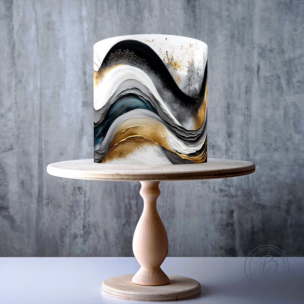 Gold, black, and white layered wave marble pattern edible cake topper decoration