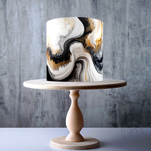 Black, white, and gold marble swirl pattern edible cake topper decoration