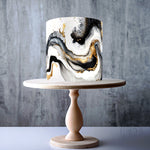 Abstract black, white, and gold marble swirl pattern edible cake topper decoration