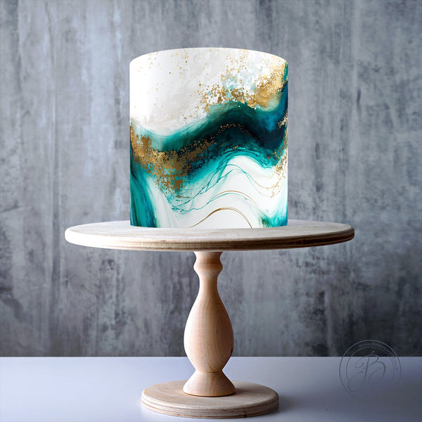 Ocean wave-inspired teal and gold design edible cake topper decoration