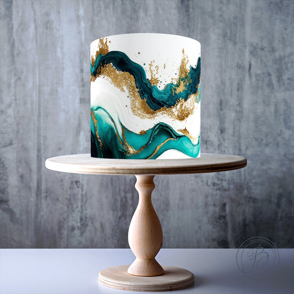 Teal and Gold Flowing Wave design edible cake topper decoration