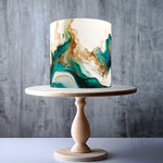 Teal, white, and gold marble swirl design edible cake topper decoration