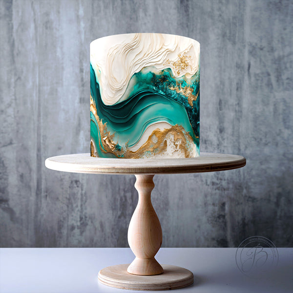 Emerald green and gold marble swirl design edible cake topper decoration