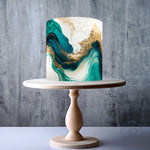 Teal, white, and gold marble swirl design edible cake topper decoration