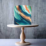 Teal, white, and gold marbled design edible cake topper decoration