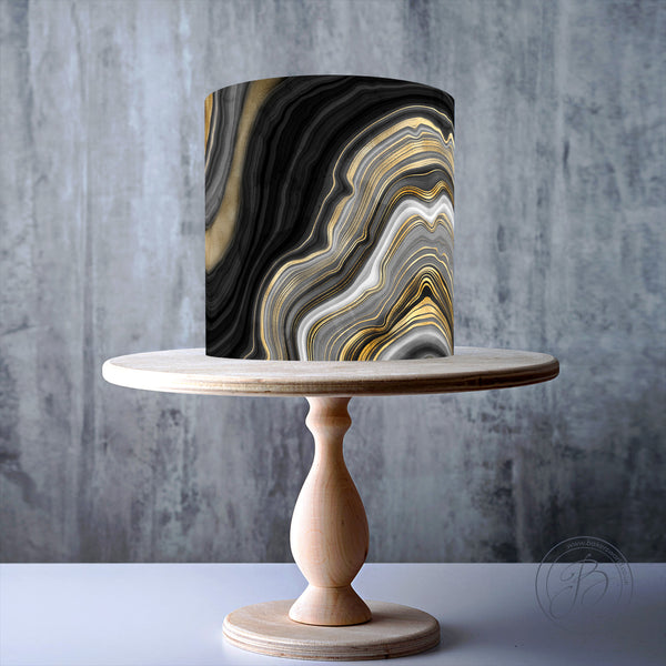 Black, grey, and gold agate swirl design edible cake topper decoration