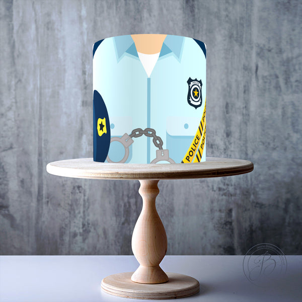 Police uniform-themed design, badge, handcuffs, and yellow police tape edible cake topper decoration