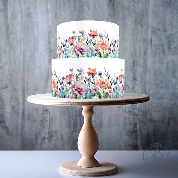 Wild Flowers Watercolour floral cake borders edible cake topper decoration