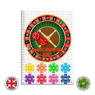 Personalised Casino Roulette & Poker Chip set 7.5in round cake topper + 8 cupcakes edible cake decoration