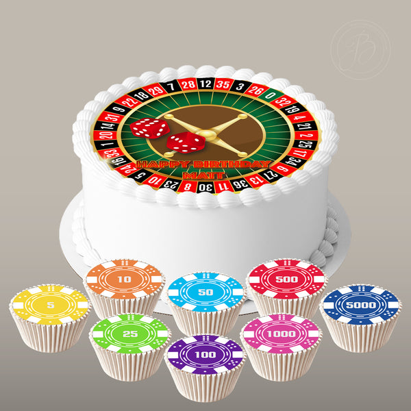 Personalised Casino Roulette & Poker Chip set 7.5in round cake topper + 8 cupcakes edible cake decoration