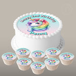 Personalised Cute Magic Unicorn set 7.5in round cake topper + 8 cupcakes edible cake decoration