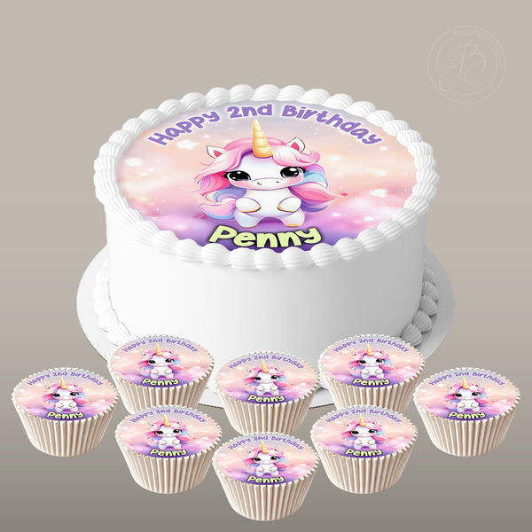 Personalised Magical Unicorn set 7.5in round cake topper + 8 cupcakes edible cake decoration